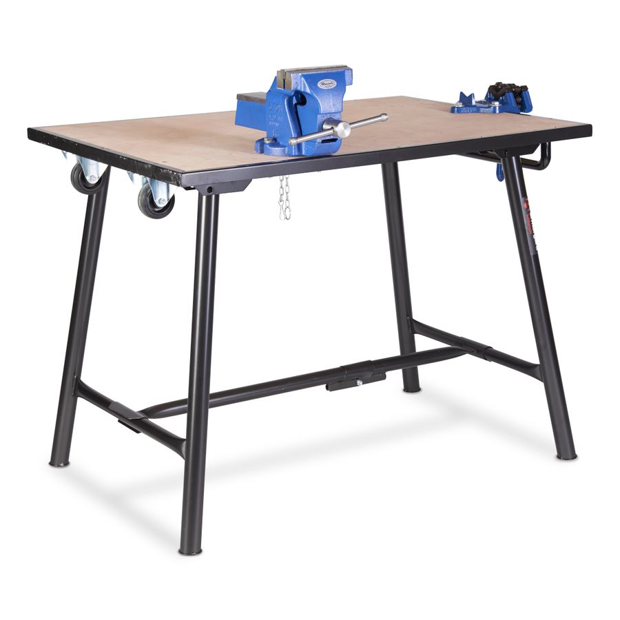 Armorgard TuffBench+, Folding workbench c/w A handle, wheels, 4" chain vice and 6" engineers vice