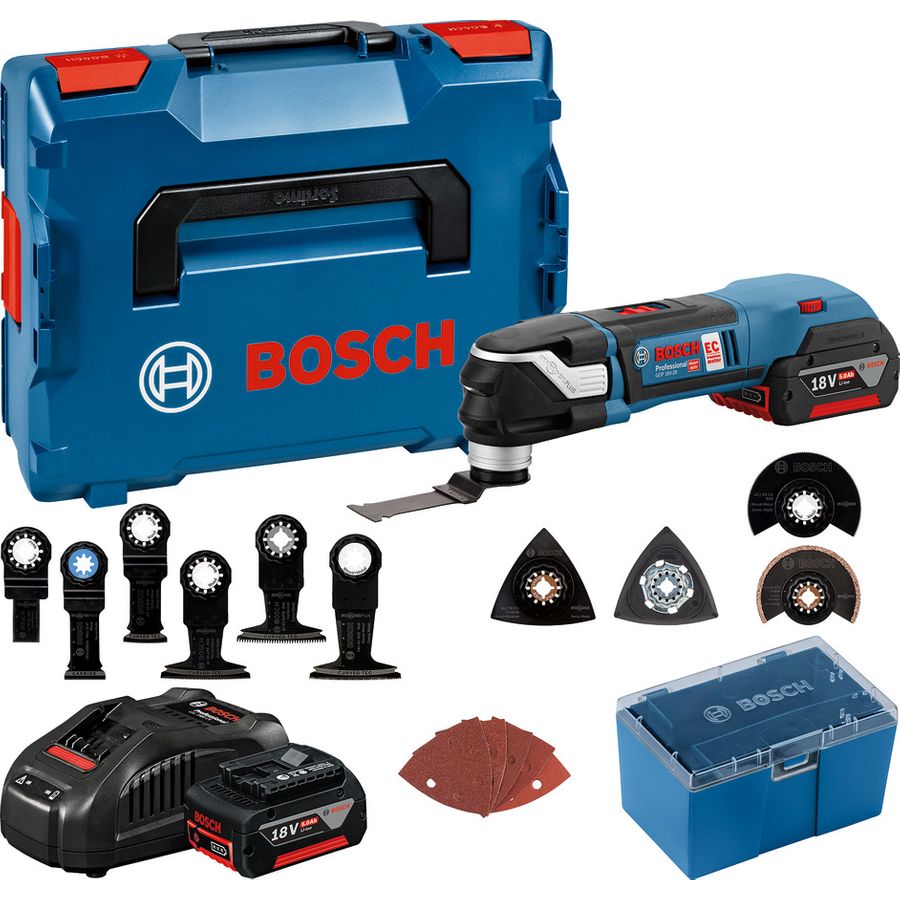 Bosch GOP 18V-28 (2 x 5Ah, GAL 1880 CV, L-BOXX) + 16 accessories BRUSHLESS Starlock Plus / Starlock 18V Multi-cutter