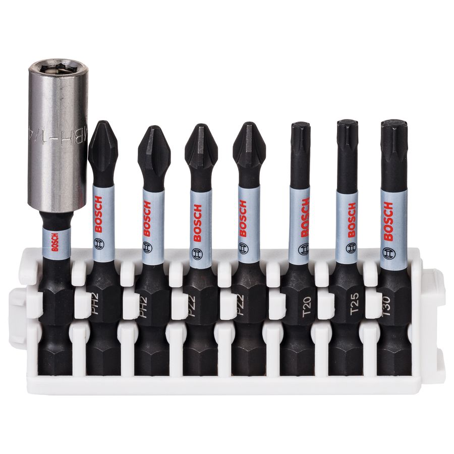 Bosch 8 Piece 50mm Impact Screwdriver Bit Set, 2 x PH2, 2 x PZ2, 1 x T20, 1 x T25, 1 x T30 + Bitholder 2608522326