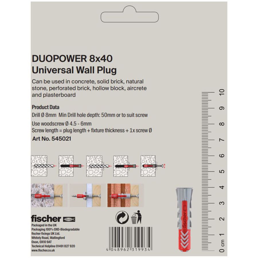 Fischer DuoPower 8 X 40  Universal Wall Plug 25 Pack 545021